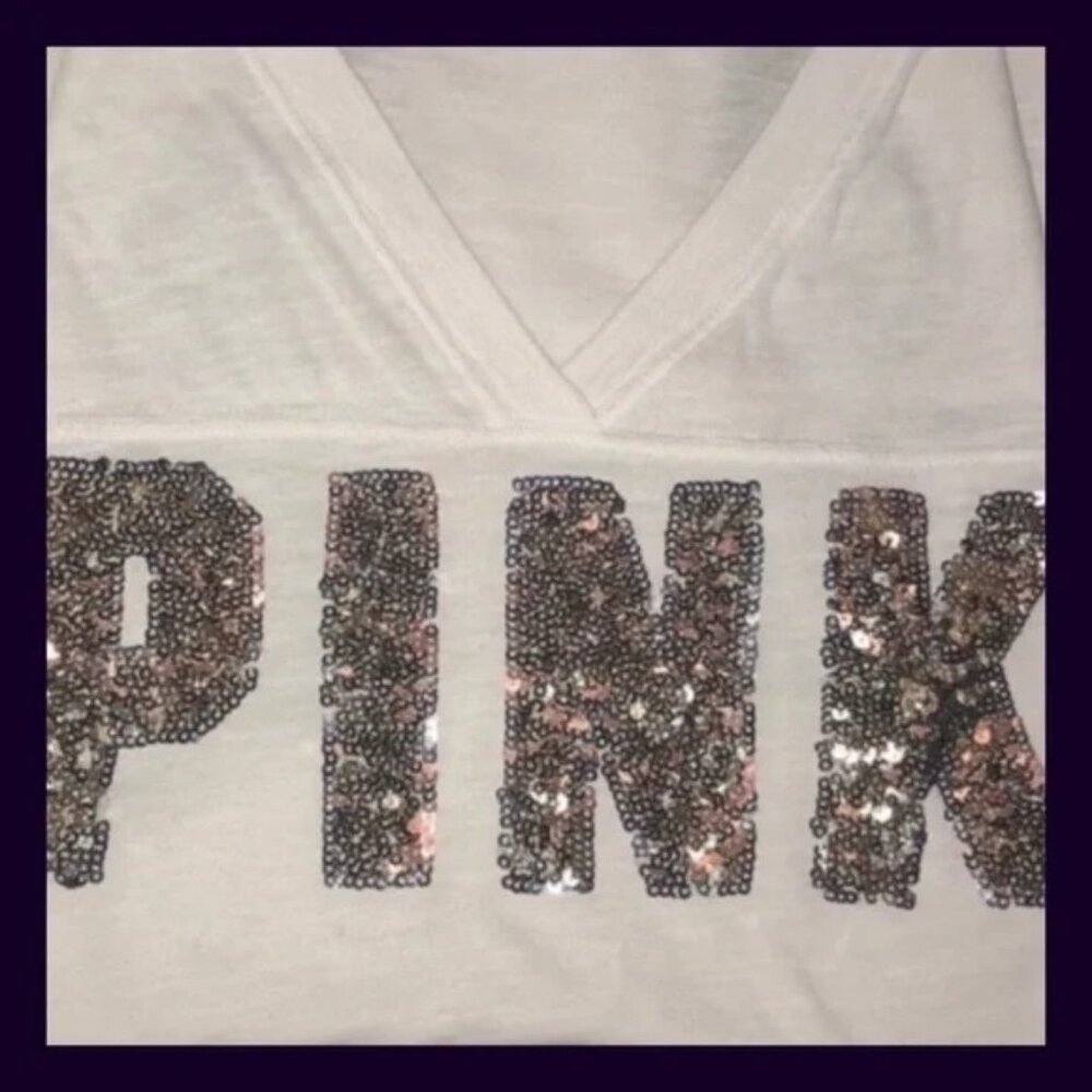 Victorias Secret Pink Sequin Letter Tee With Black Sleeves Womens S Cotton Blend - Picture 11 of 11